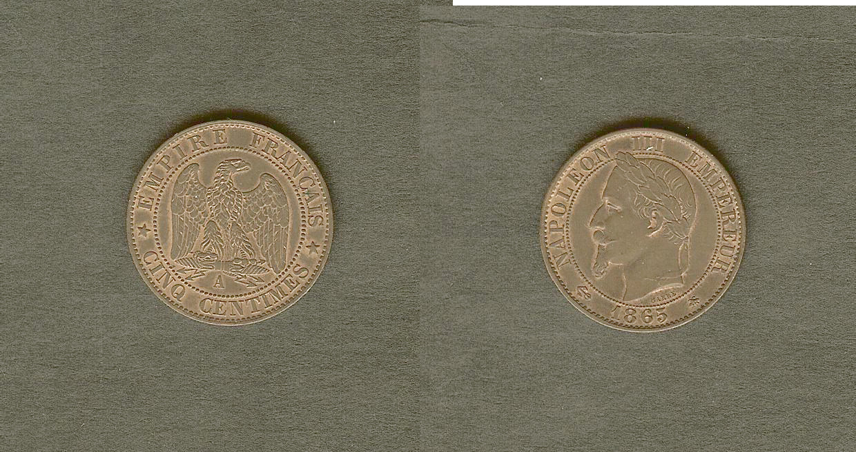 Cinq centimes Napoléon III, tête laurée 1865 Paris SPL